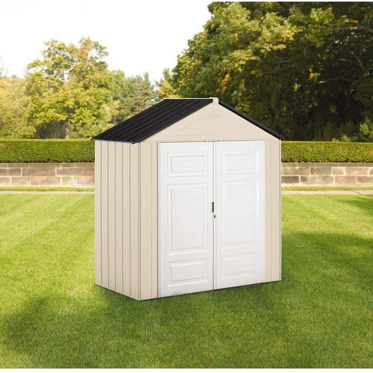 Rubbermaid Resin Outdoor Storage Shed 7x3.5 Ft with Floor - Weather-Resistant Beige & White Garden Shed for Backyard Organization - Perfect for Storing Lawn Mowers, Bikes, Pool Supplies & Gardening Tools - Ideal for Home, Yard & Patio Storage Solutions