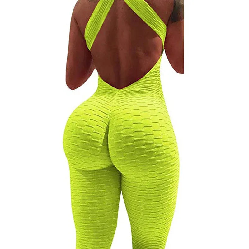 Sexy Backless Jumpsuits for Women - Solid Color Push Up Yoga Outfits, Elastic Seamless Jacquard Bubble Gym Wear | Perfect for Yoga, Workouts & Fitness Training