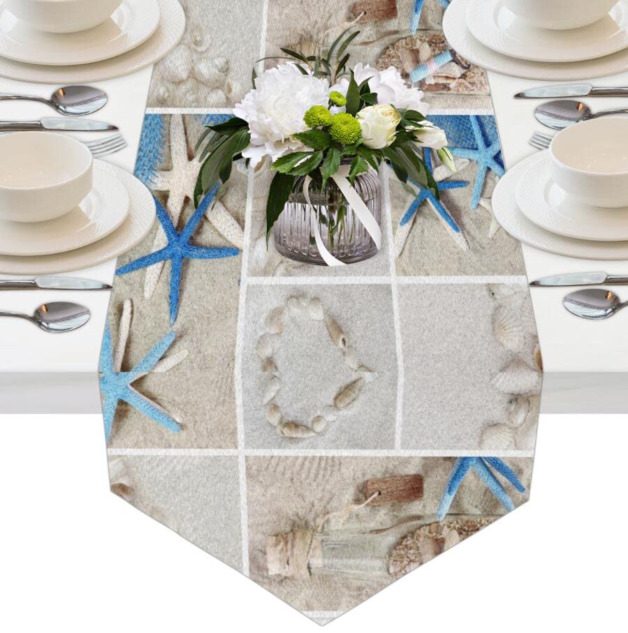 AUUXVA 13x70 Inches Long Beach Seashell Print Polyester Table Runner - Summer Coastal Decor for Kitchen, Dining Table, Coffee Table, Party & Holiday Banquet Decoration | Perfect for Beach Weddings, Coastal Home Decor & Summer Entertaining