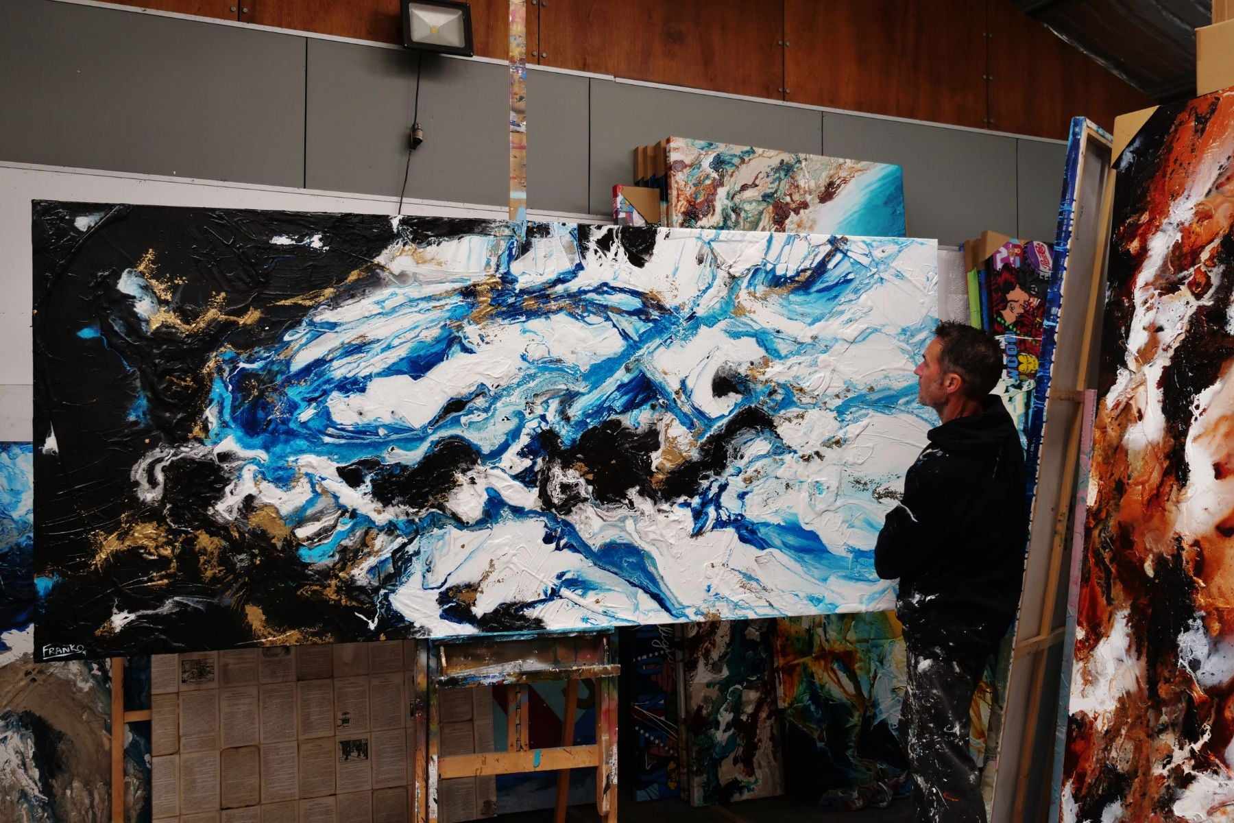 Cobalt Reign 270cm x 120cm Black Blue Gold Textured Abstract Canvas Art - Modern Wall Decor for Living Room, Bedroom & Office