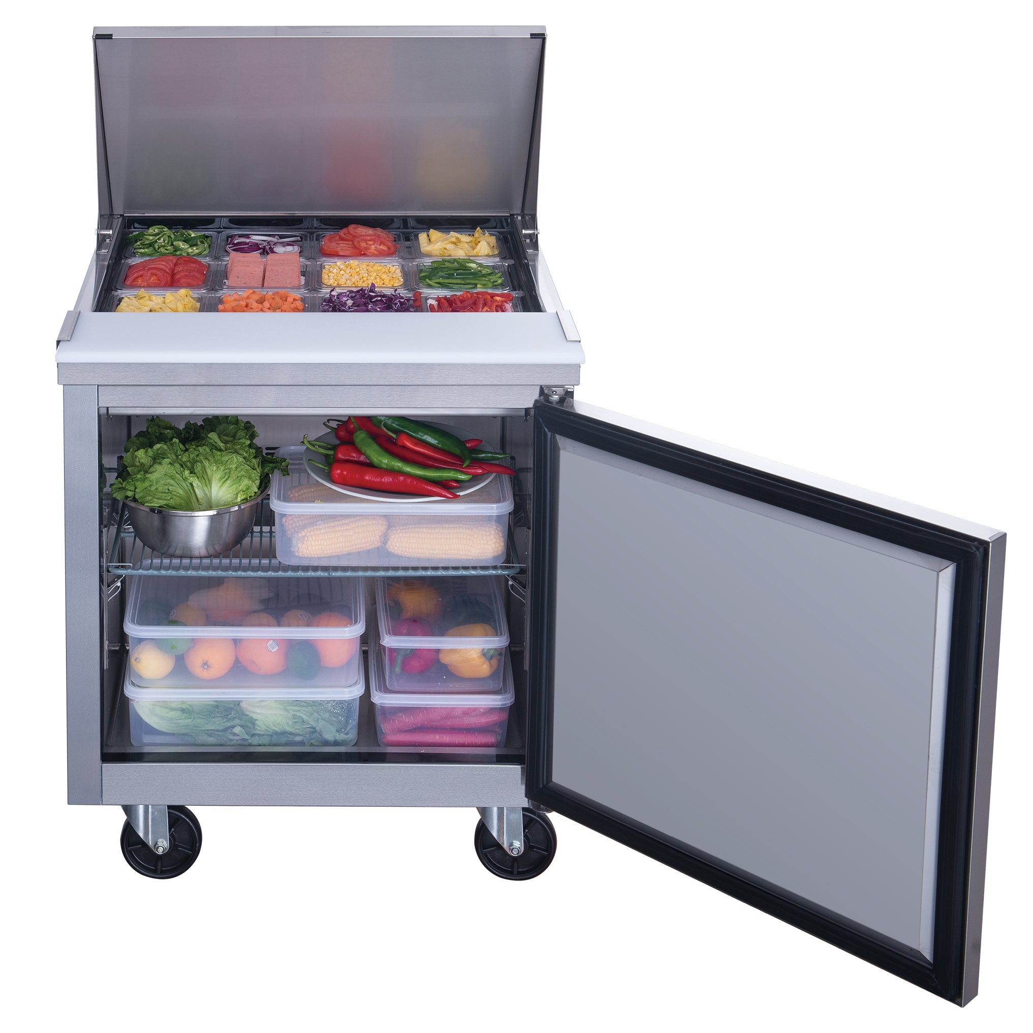 Dukers DSP29 12M S1 Stainless Steel Commercial Refrigerator - 1 Door Food Prep Table with Mega Top | Perfect for Restaurants, Catering & Commercial Kitchens