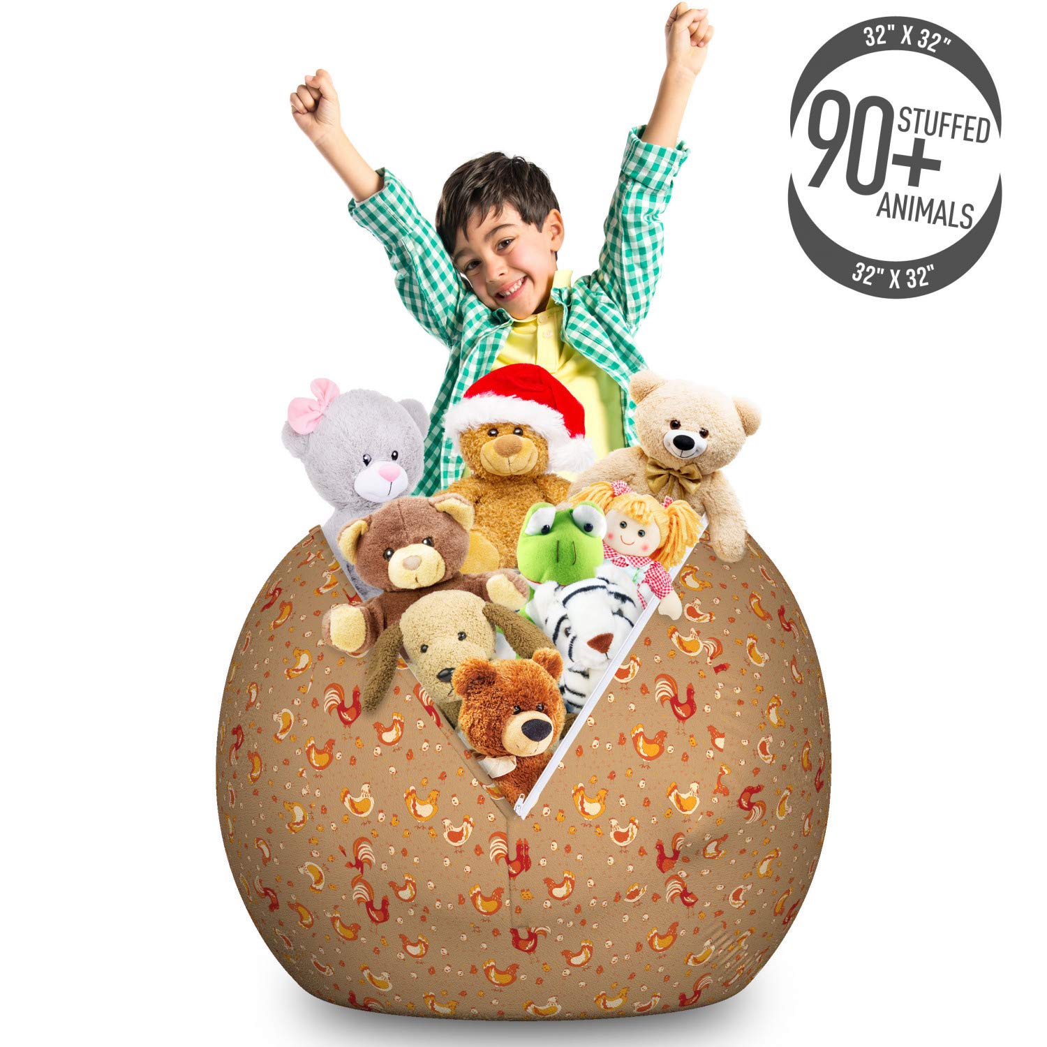 Ambesonne Hen and Chicks Storage Toy Bag Chair - Large Washable Stuffed Animal Organizer with Doodle Rooster Chicken Pattern in Camel Vermilion - Perfect for Kids' Room, Nursery, and Playroom Organization