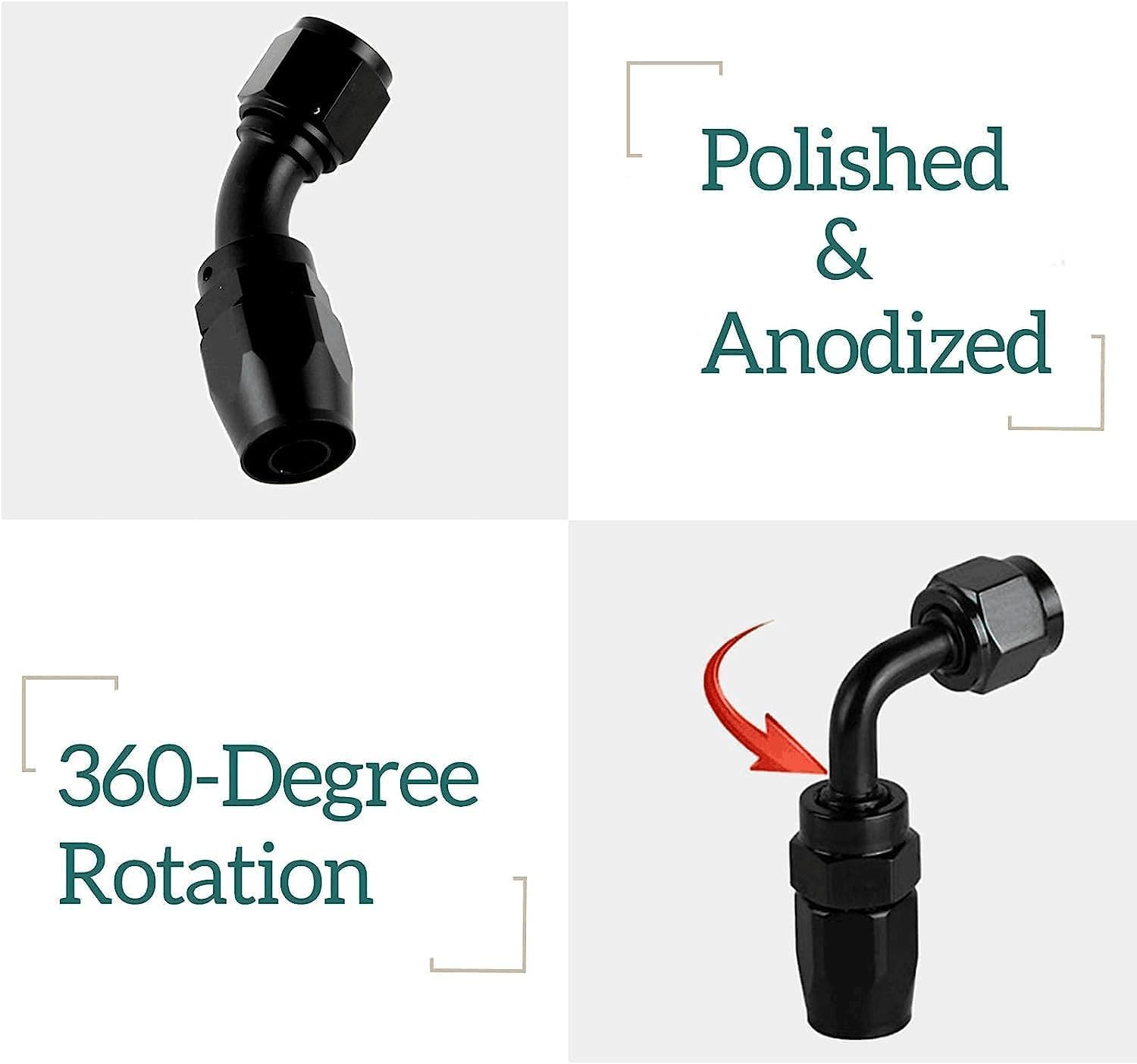 HiSport 12AN 90 Degree Aluminum Swivel Hose End Fitting - Full Flow Reusable Fuel Line Adapter for Nylon & Stainless Steel Braided AN Hose (Black, 2-Pack) - Perfect for Automotive Fuel Systems, Hydraulic Lines & Performance Upgrades