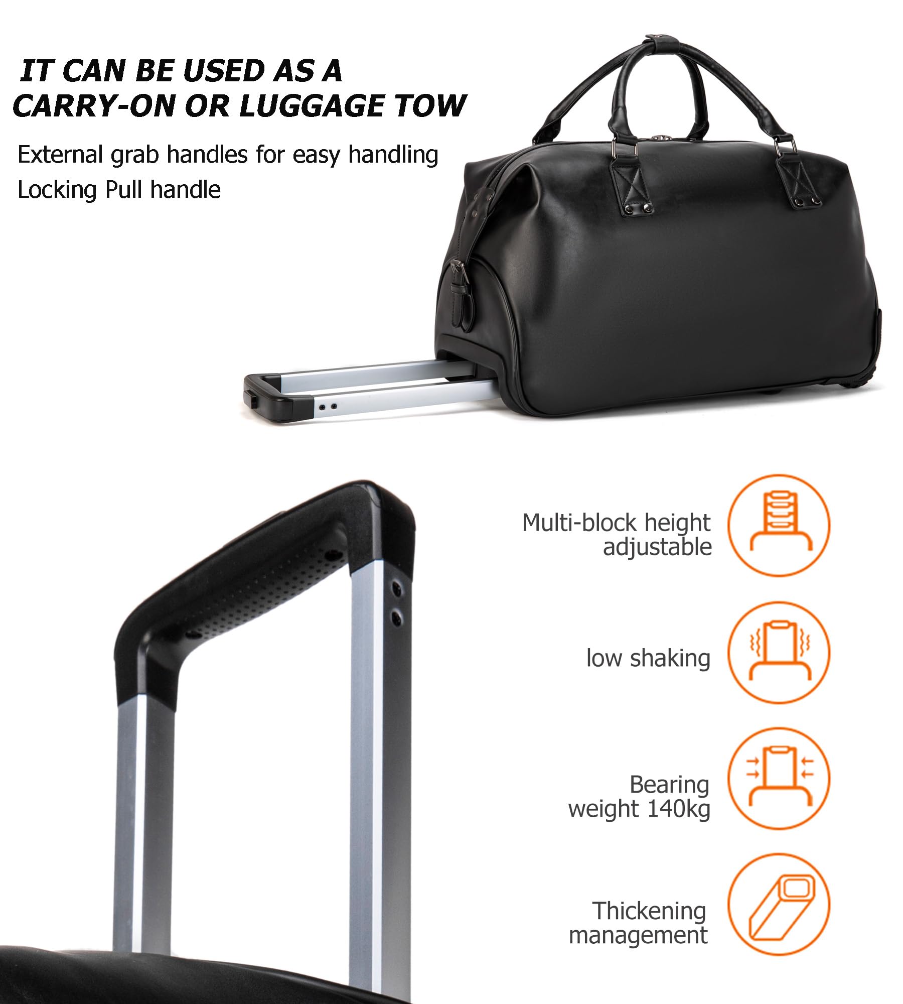 Feilario Leather Travel Duffel Bag with Wheels - Waterproof Unisex Weekender Carry-On Luggage for Overnight Trips & Business Travel | Durable Toiletry Organizer for Gym, Camping & Airplane Use (Black)