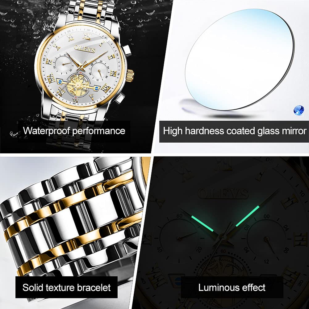OLEVS Men's Fashion Casual Analog Quartz Watch - Waterproof Stainless Steel Band Dress Watch with Day Window (Gold White Dial) | Perfect for Business, Office, and Formal Occasions