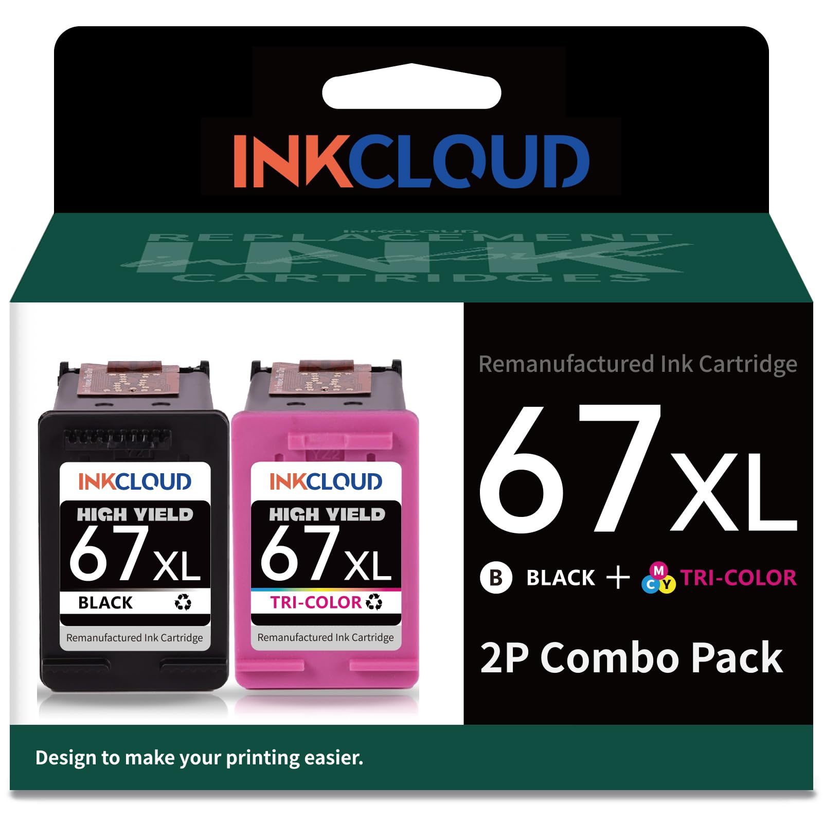 INKCLOUD Remanufactured Ink Cartridges Replacement for HP 67XL (2-Pack: 1 Black & 1 Tri-Color) - Compatible with HP Envy 2700/2755/4100/4155/6000/6055/6400/6455/6458 Series Printers - Perfect for Home Office Printing, School Projects & Small Business Documents