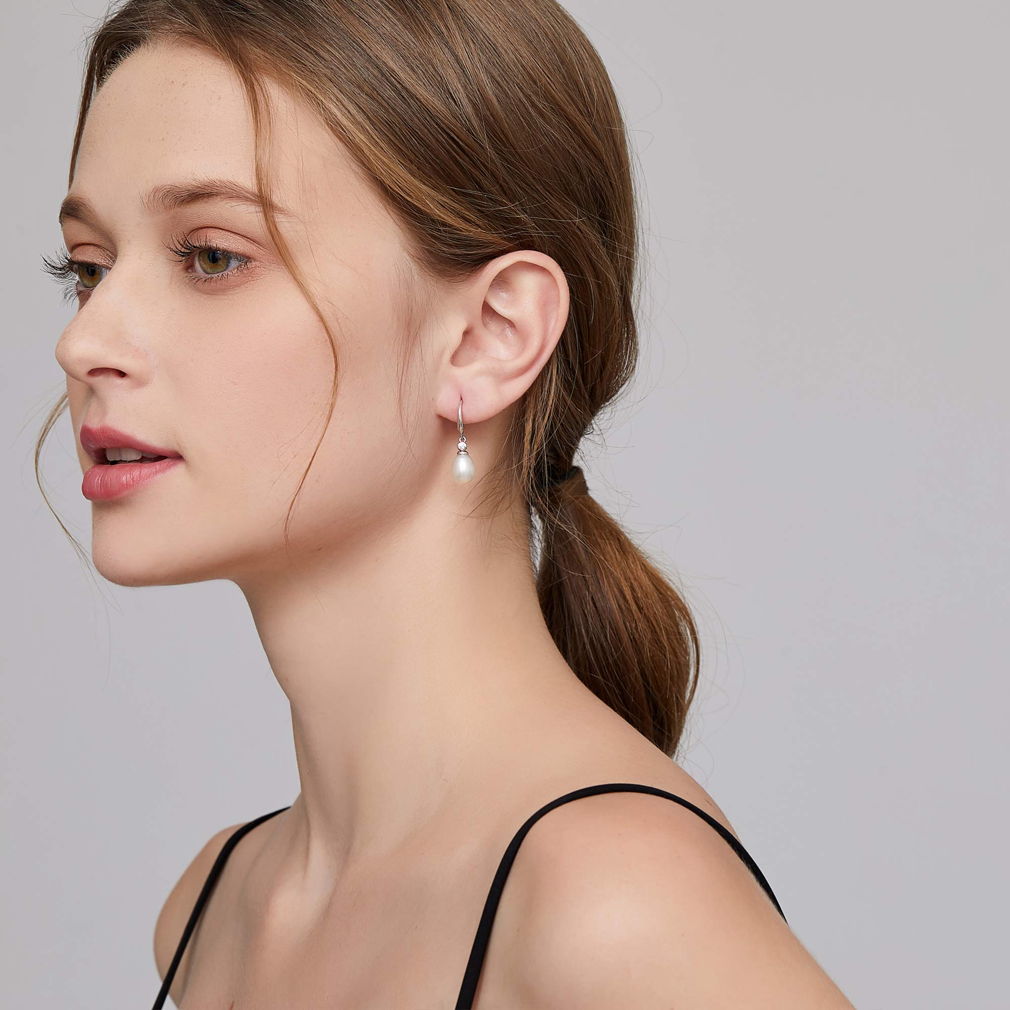 925 Sterling Silver Pearl Dangle Earrings for Women | 8MM-10MM Diamond Accent Pearl Jewelry | Elegant Gift for Weddings, Parties & Special Occasions