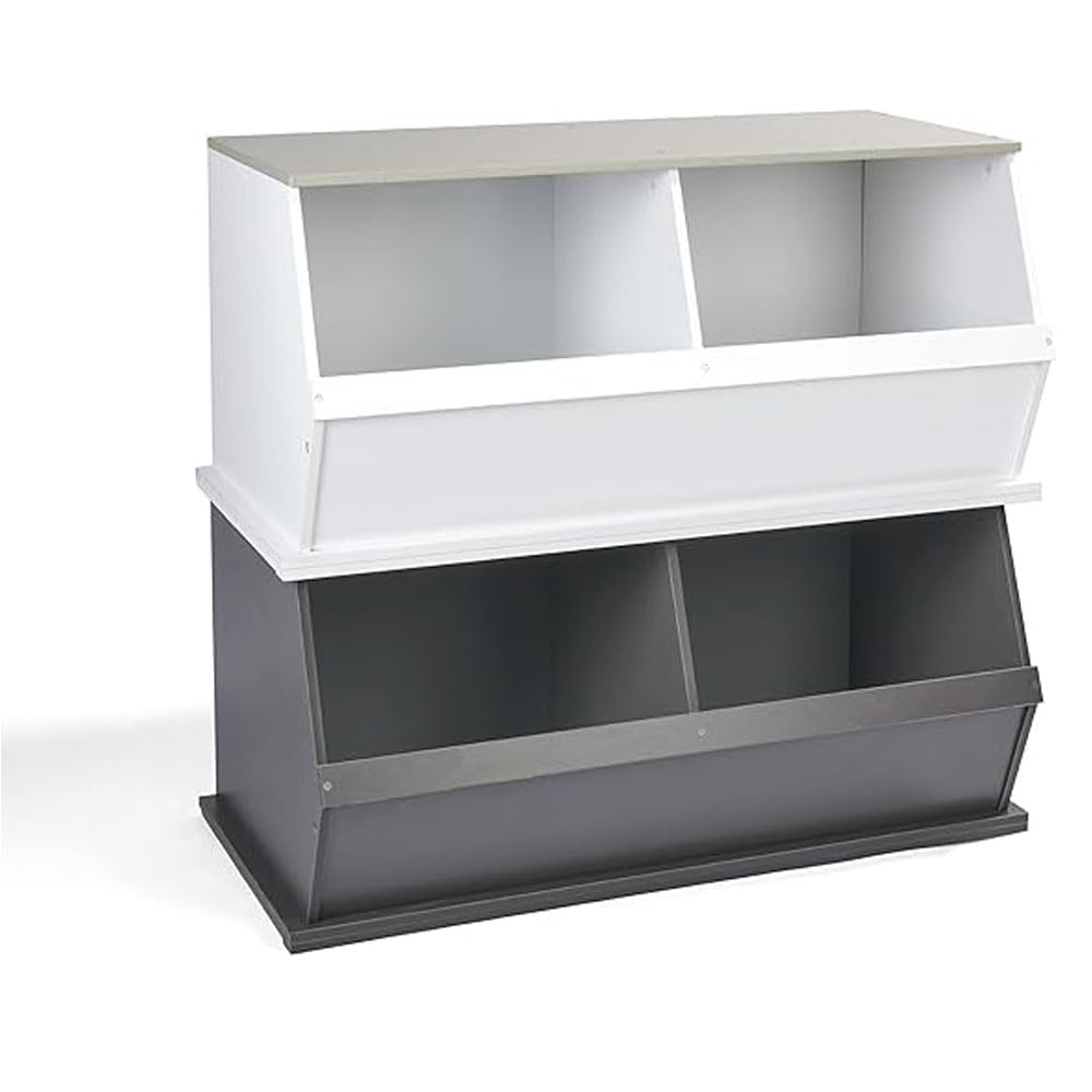 Badger Basket Two Bin Stackable Toy Storage Organizer - Charcoal Gray Woodgrain Design for Kids Room, Nursery, or Playroom Organization