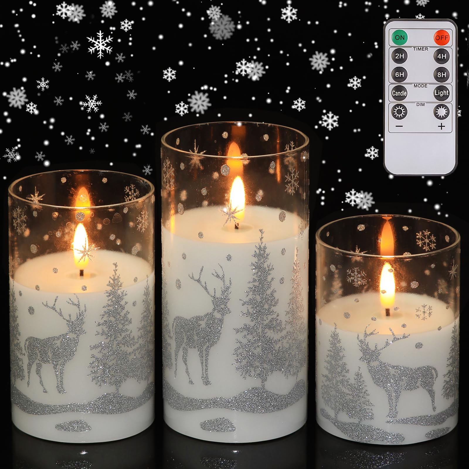 Real Wax LED Flameless Candles with Remote Control - Battery Operated Flickering Candles with Silver Trees & Deer Snowflake Design, Set of 3 - Perfect for Christmas Decor, Holiday Parties & Winter Wonderland Home Decor