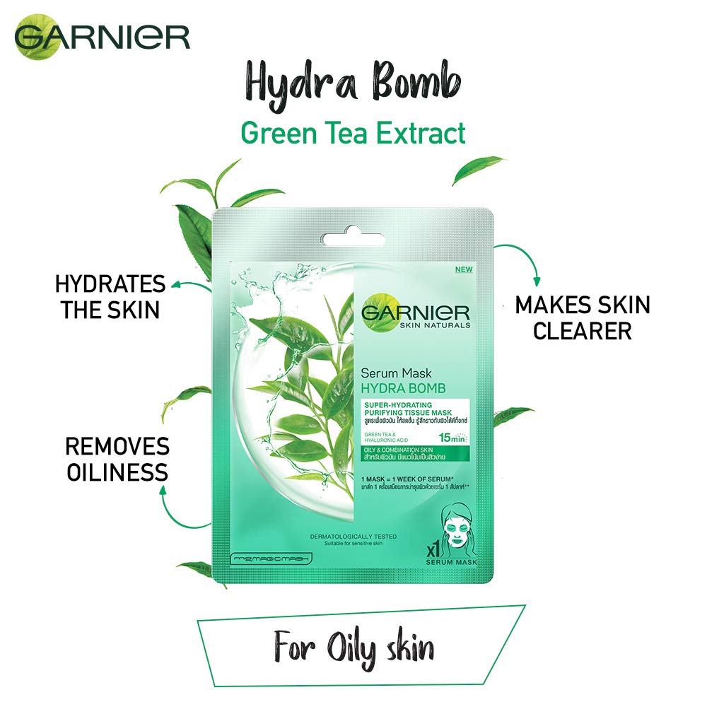 Garnier Skin Naturals Hydra Bomb & Green Tea Face Serum Sheet Masks (Blue & Green) 32g - Hydrating & Detoxifying Skincare for Glowing Skin - Perfect for Daily Use, Spa Nights & Travel Skincare Routine