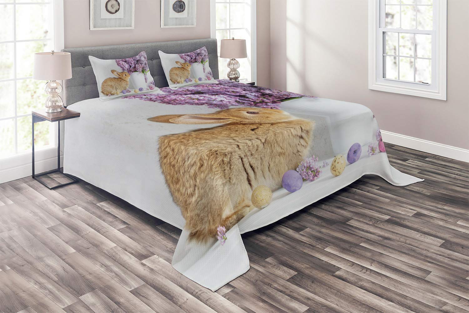 Ambesonne Easter Bunny 3-Piece Quilted Bedspread Set - King Size Brown Rabbit with Lilac Flowers & Dyed Eggs Design, Includes 2 Pillow Shams | Perfect for Spring Decor, Easter Bedroom Makeover & Cozy Seasonal Home Styling