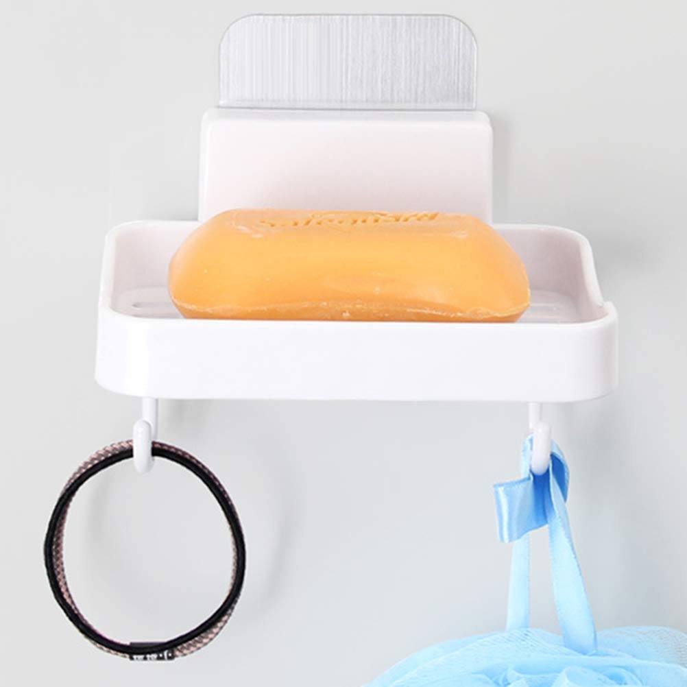 Cabilock White Wall Mount Soap Holder with Hook Dispenser - Smooth Surface Bathroom Storage Rack for Shower, Sink & Kitchen - Durable Soap Dish Organizer for Home, Hotel and RV Use