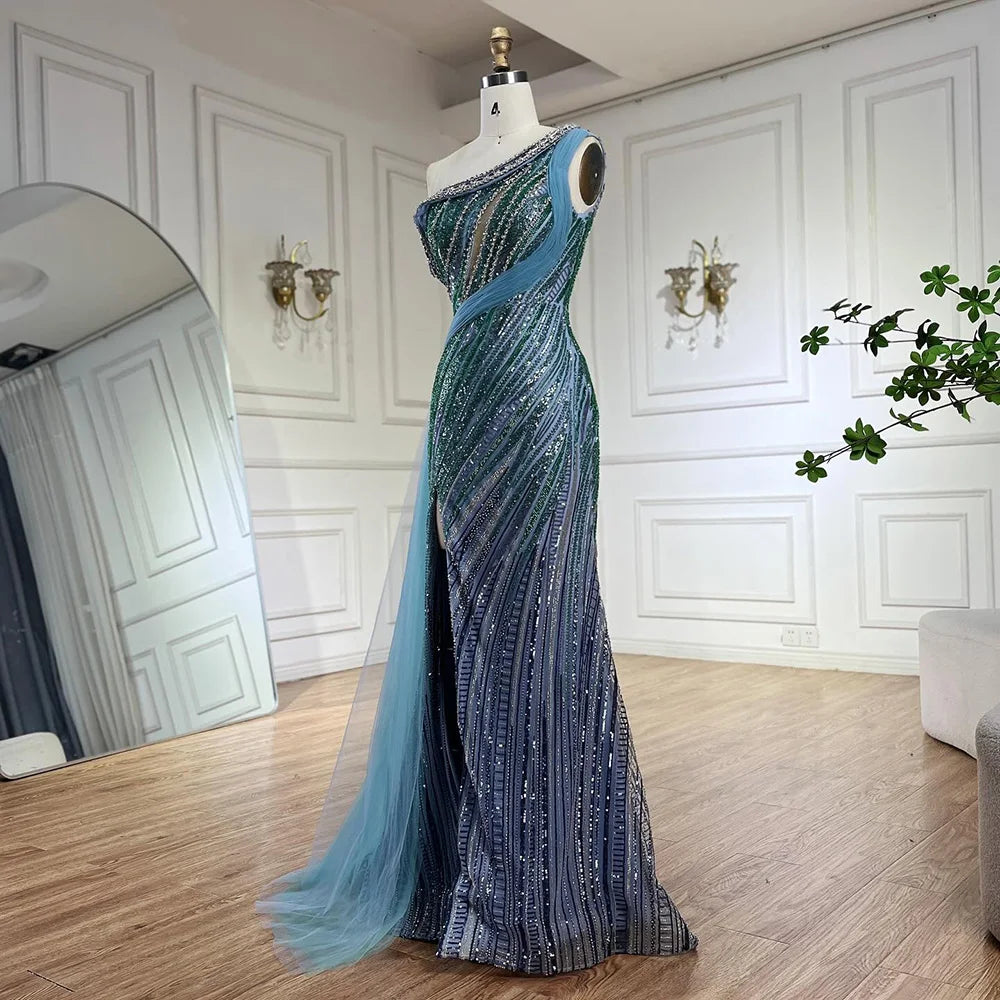 Luxury Dubai Arabic One Shoulder High Slit Blue Mermaid Gown - Beaded Saudi Evening Dress for Formal Occasions - Perfect for Weddings, Galas & Red Carpet Events LA72718