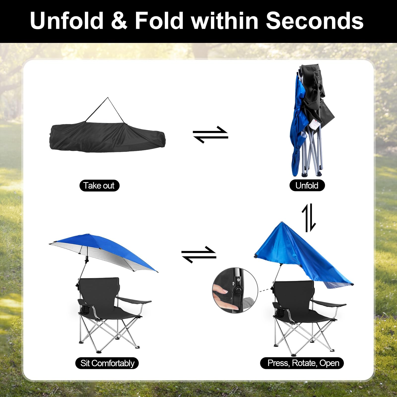 UPF 50+ Adjustable Beach Chair with Sun Umbrella - Portable Folding Outdoor Recliner for Adults, Camping, Hiking & Beach - Includes Cup Holder & Carry Bag - Supports 350 lbs (US Stock) - Perfect for Relaxing at the Shore, Poolside Lounging & Outdoor Adventures