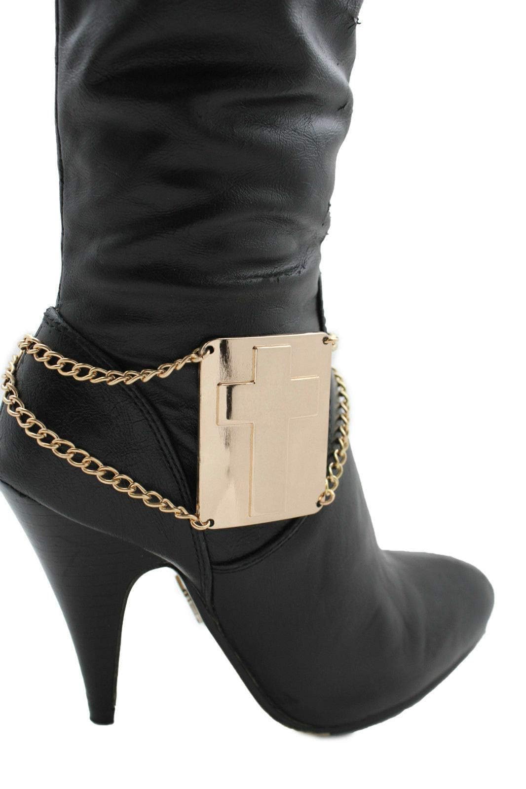 Western Women's Boot Bracelet - Gold Metal Chain Link Cross Plate Ankle Jewelry - Chunky Statement Bangle for Cowgirl Fashion & Country Music Festivals