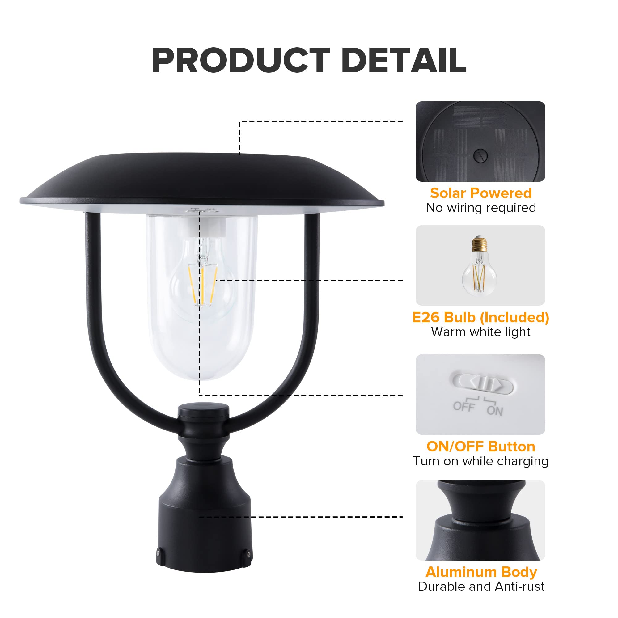 LUTEC Solar Lamp Post Light Outdoor - Dusk to Dawn Waterproof Black Solar Fixture for Garden, Patio, Pathway, Pier & Pole Mount | Energy-Efficient Solar Powered Exterior Lighting for Driveway, Walkway & Landscape Decor