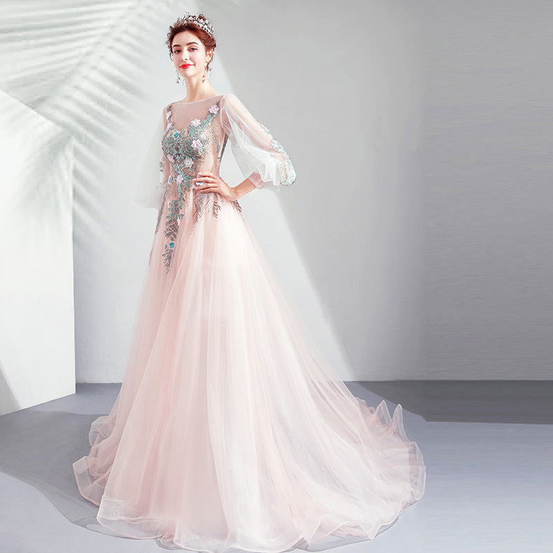 Elegant Long Sleeve Floral Pink Prom Dress with Tulle Skirt - Formal Evening Gown for Homecoming, Quinceañera & Special Occasions