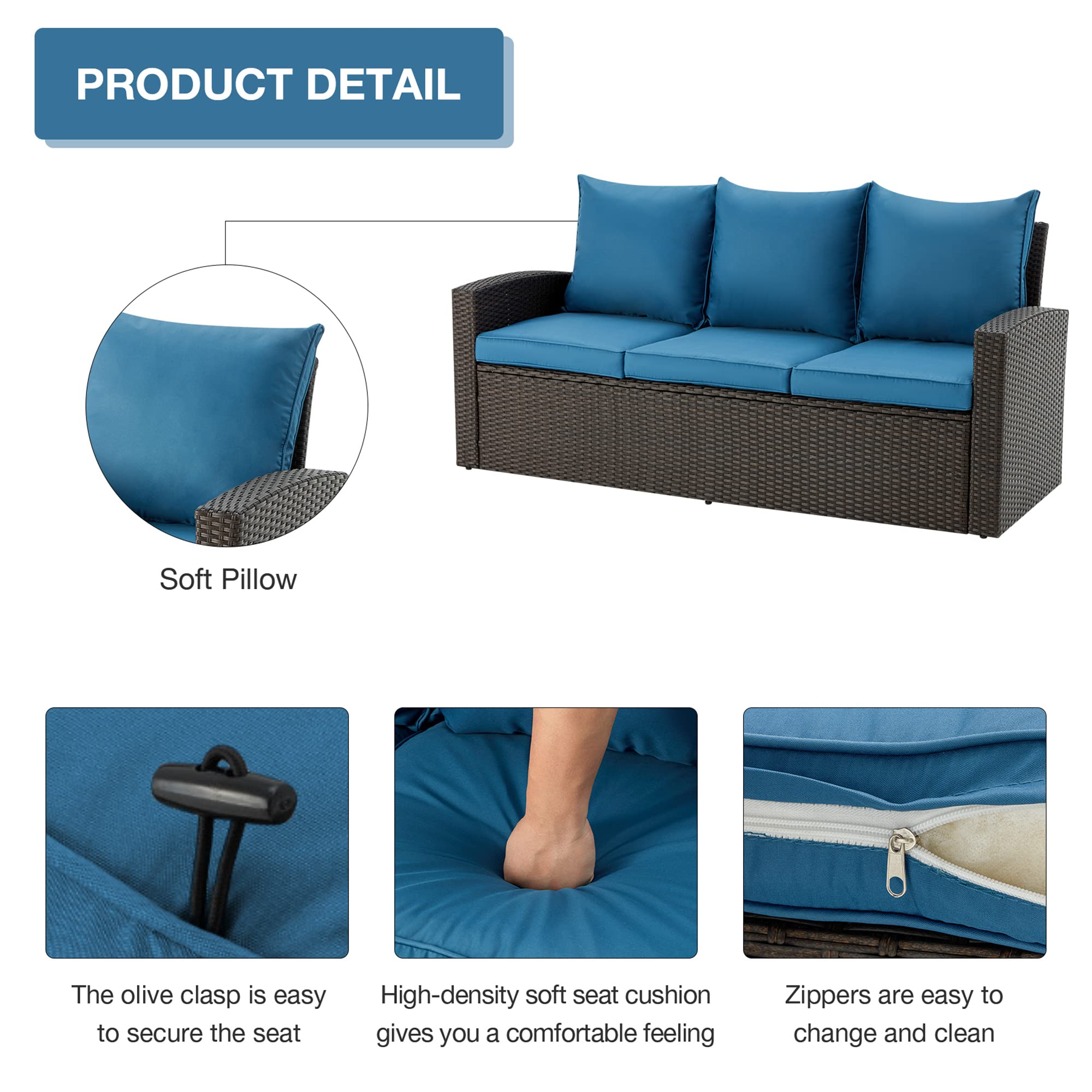 GYUTEI 6-Piece Outdoor Patio Furniture Set - Navy Blue Rattan Sectional Sofa with Ottoman & Storage Table - Weather-Resistant Garden, Porch, Backyard Conversation Set for Relaxing & Entertaining