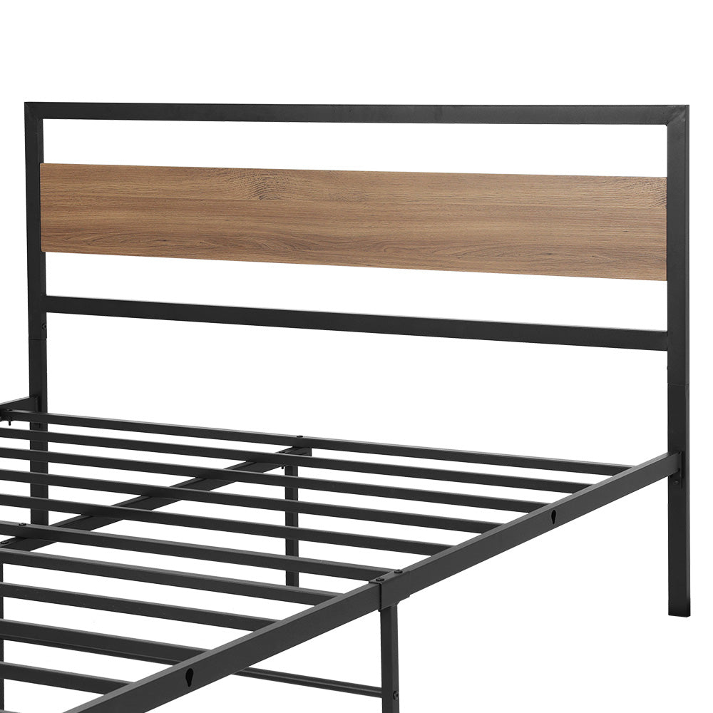 Industrial Style Queen Metal Bed Frame with Wood Accents - Sturdy & Elegant Black Bed Frame for Bedroom, Guest Room, or Dorm