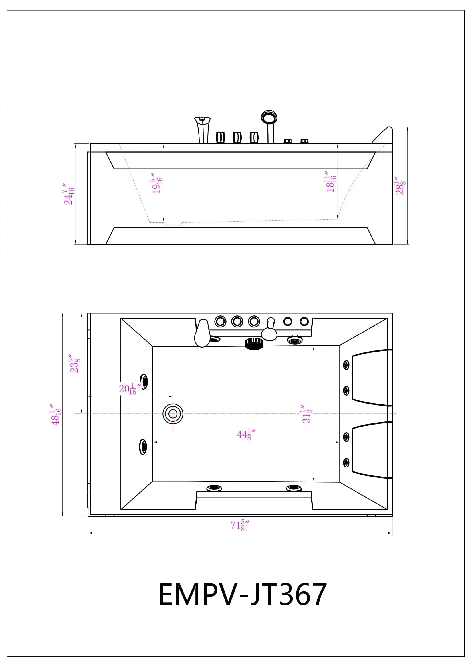 Empava 72-Inch Alcove Whirlpool Bathtub for 2 Persons with LED Lights | Left Drain Rectangular Design | Perfect for Master Bathroom & Spa Relaxation