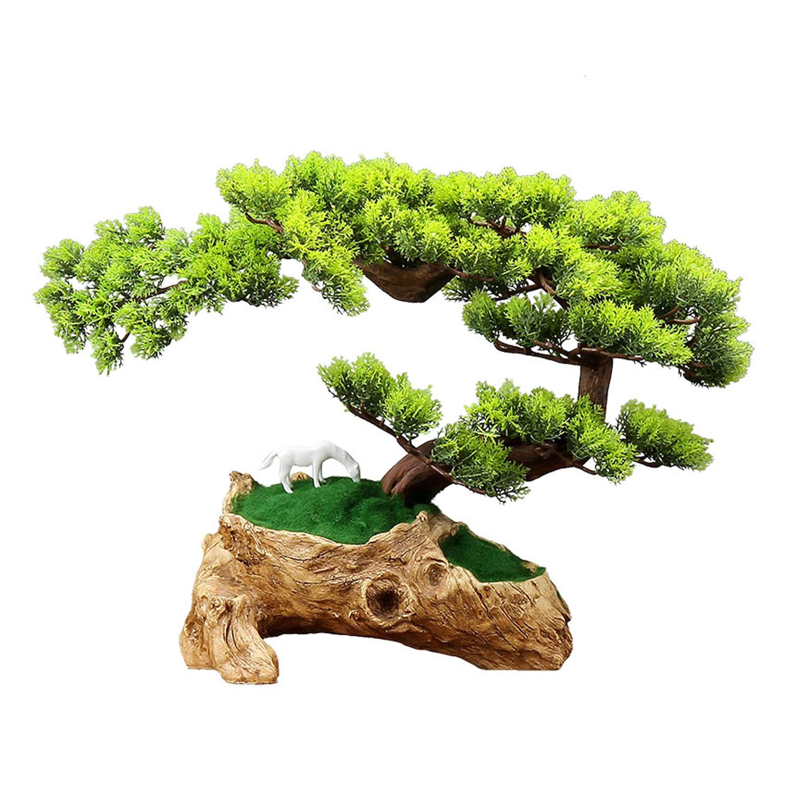 Artificial Bonsai Tree - Cypress Bonsai in Root Carving Base, Realistic Fake Plant with White Ceramic Horse Sculpture - Zen Desktop Decor for Home, Office & Meditation Spaces
