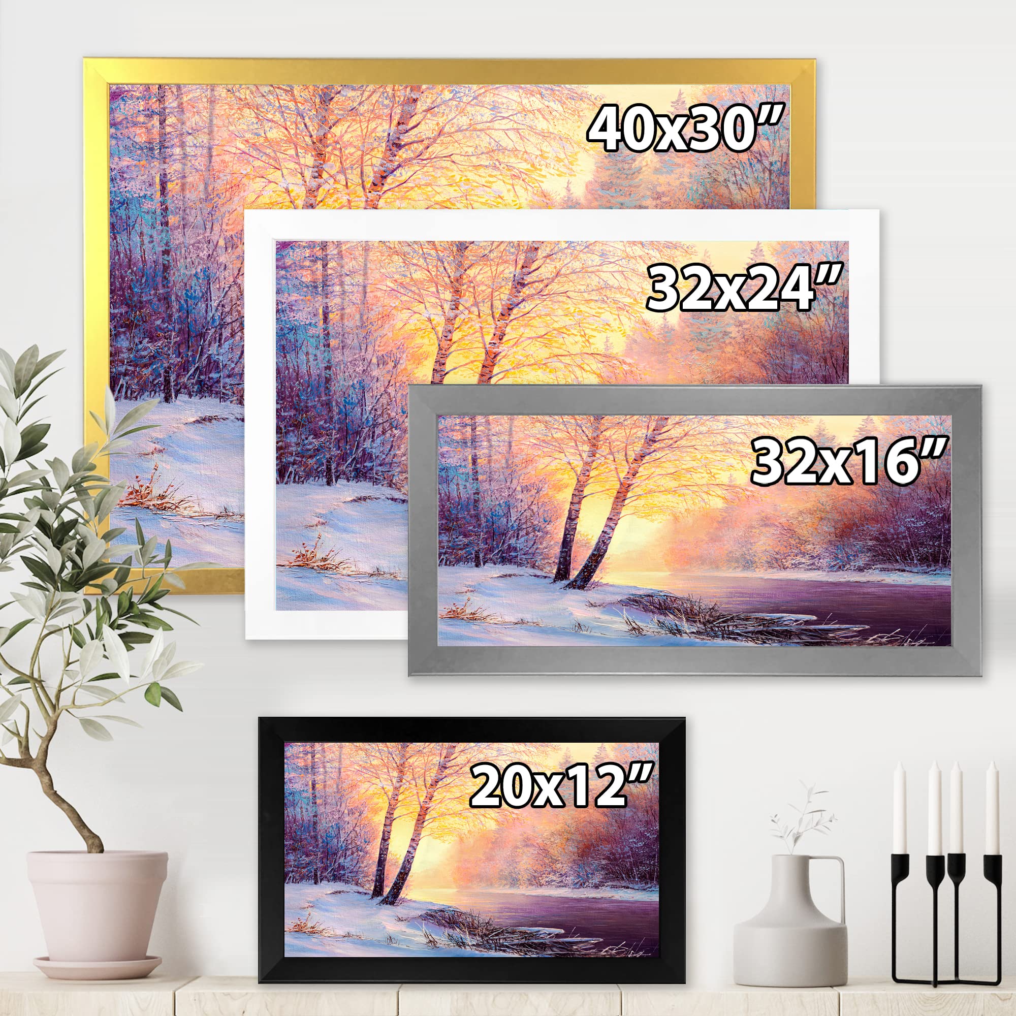 DesignQ Winter Scenery With Bridge of Meandering River II Lake House Framed Wall Art - Landscape Painting for Living Room, Bedroom & Office Decor
