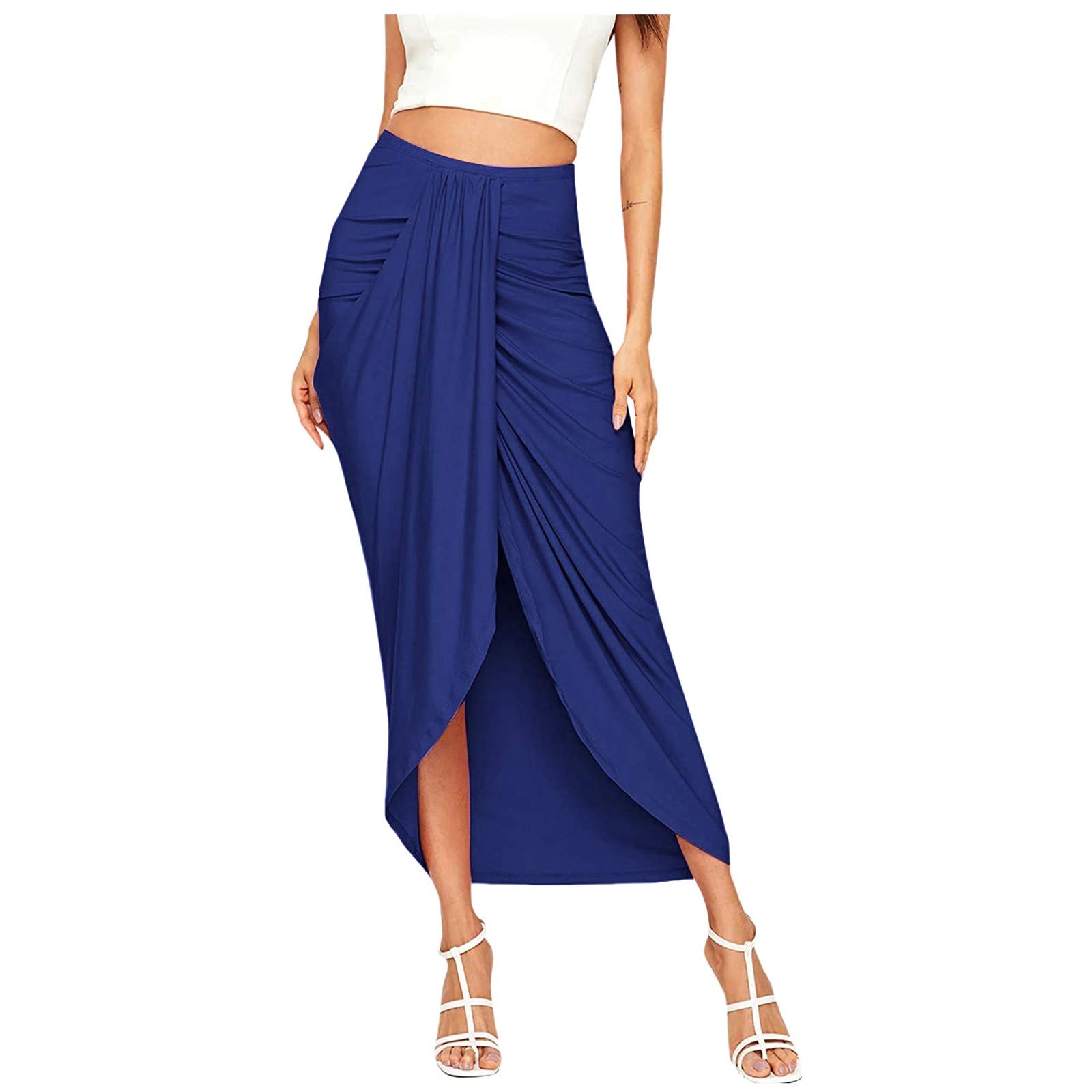 Elegant Women's High Waist Wrap Maxi Skirt with Side Slit - Stretchy Elastic Waistband, Asymmetrical Hem - Plus Size Casual Skirt for Summer, Beach, Date Night & Office Wear
