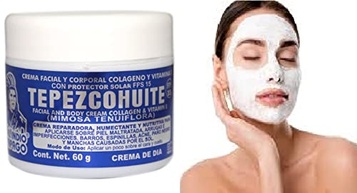 DEL INDIO PAPAGO Tepezcohuite Facial Day Cream 60g - Collagen & Vitamin E Skin Hydration - Moisturizing Face Cream for Dry Skin - Perfect for Daily Skincare Routine & Anti-Aging Care