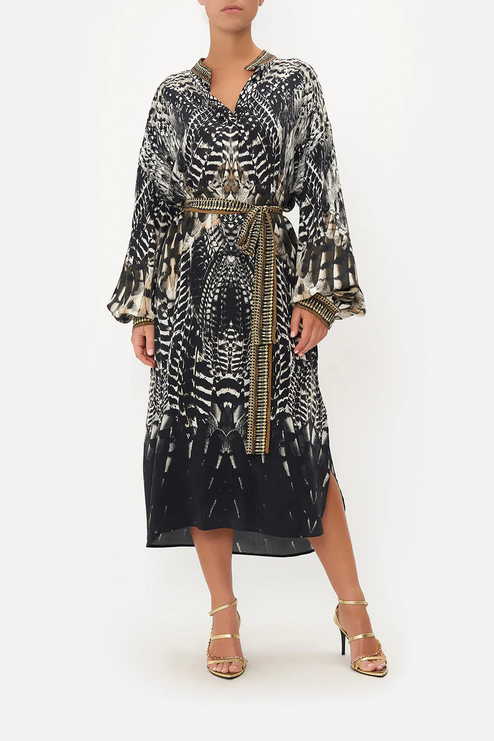 Blouson Sleeve Placket Dress - Elegant Night Owl Print Women's Fashion for Evening Parties & Date Nights