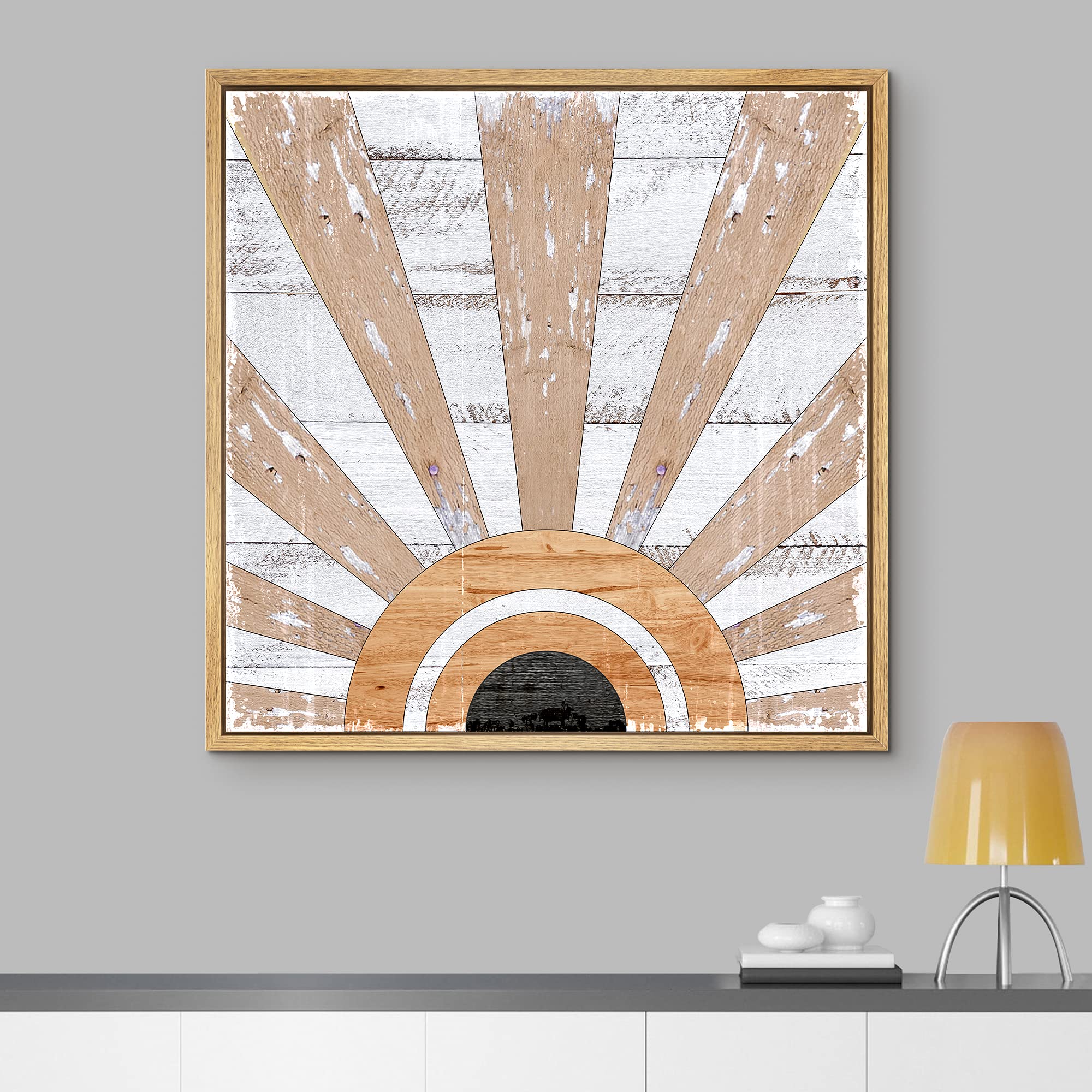 IDEA4WALL Framed Canvas Print - Western Decor Shining Sunlight Woodblock Art, Abstract Geometric Wood Panels, Modern Bohemian Warm Wall Art for Living Room, Bedroom, Office - 24