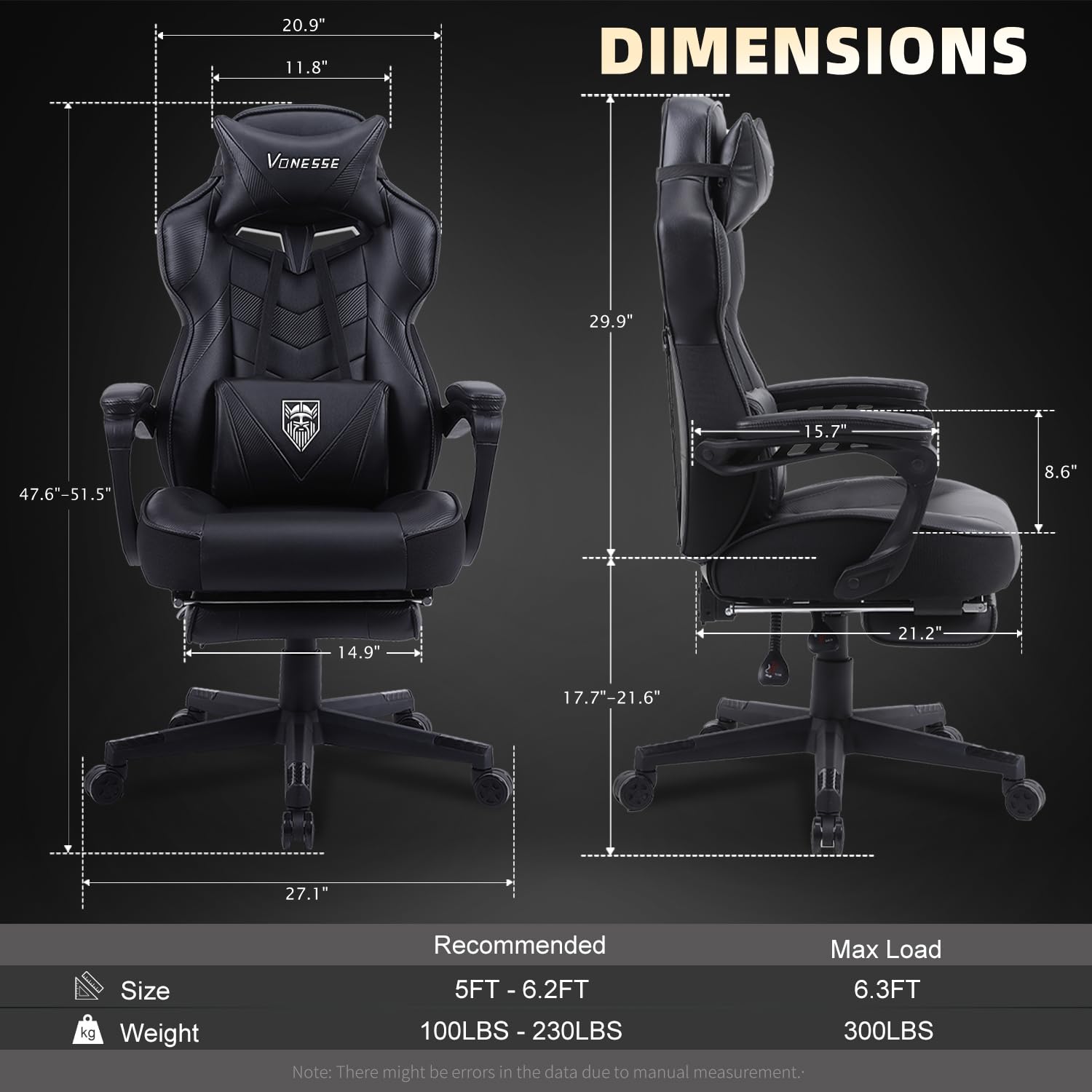 Vonesse Ergonomic Gaming Chair with Adjustable Footrest - High Back Big & Tall Computer Chair for Adults, Reclining Office Desk Chair with Lumbar Massage (Black) - Perfect for PC Gaming, Work from Home & Office Comfort
