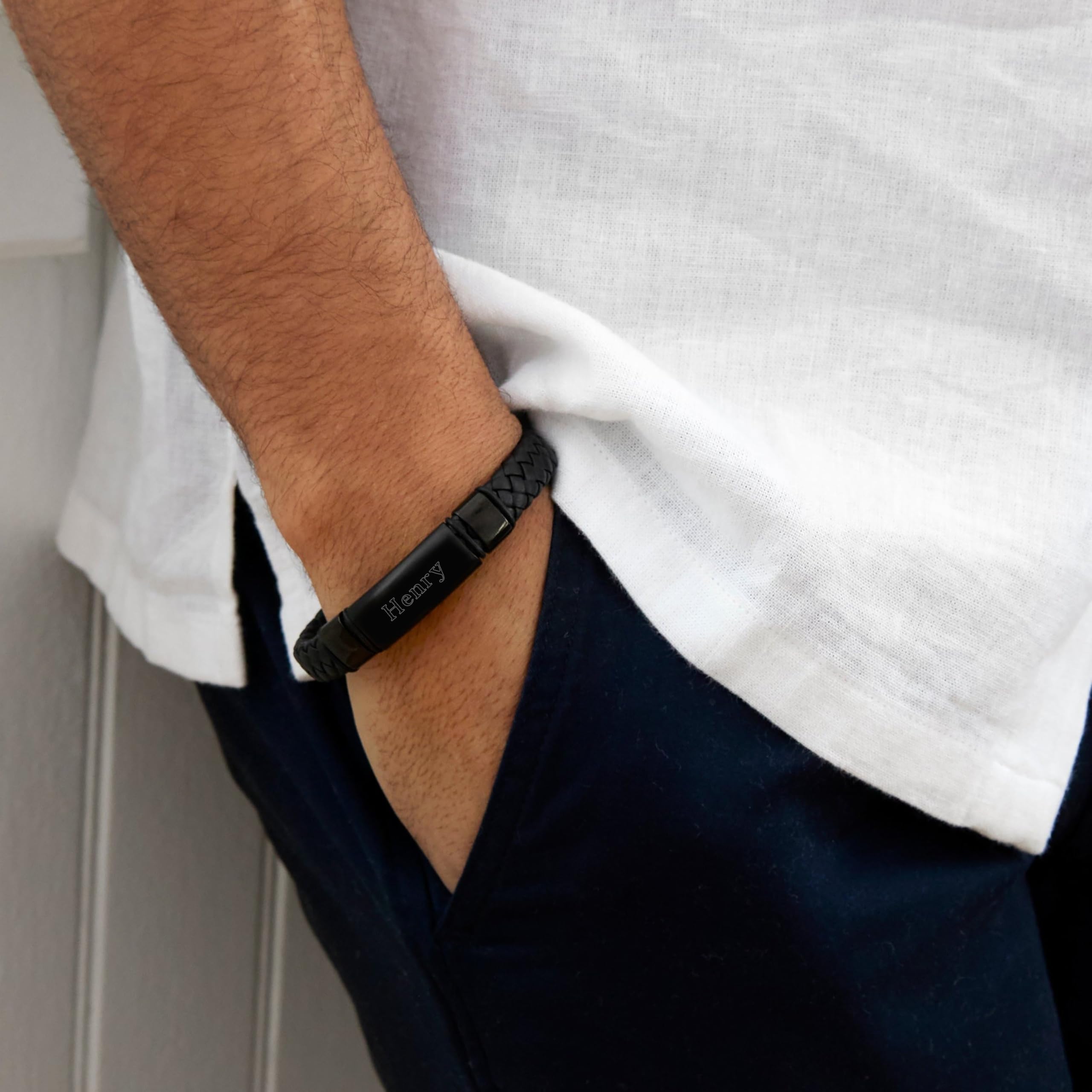 Custom Engraved Leather Bracelet for Men - Personalized Name ID Bracelet in Black - Stylish Men's Jewelry Gift for Birthday, Anniversary & Special Occasions - Perfect for Casual Wear, Date Nights & Gifting