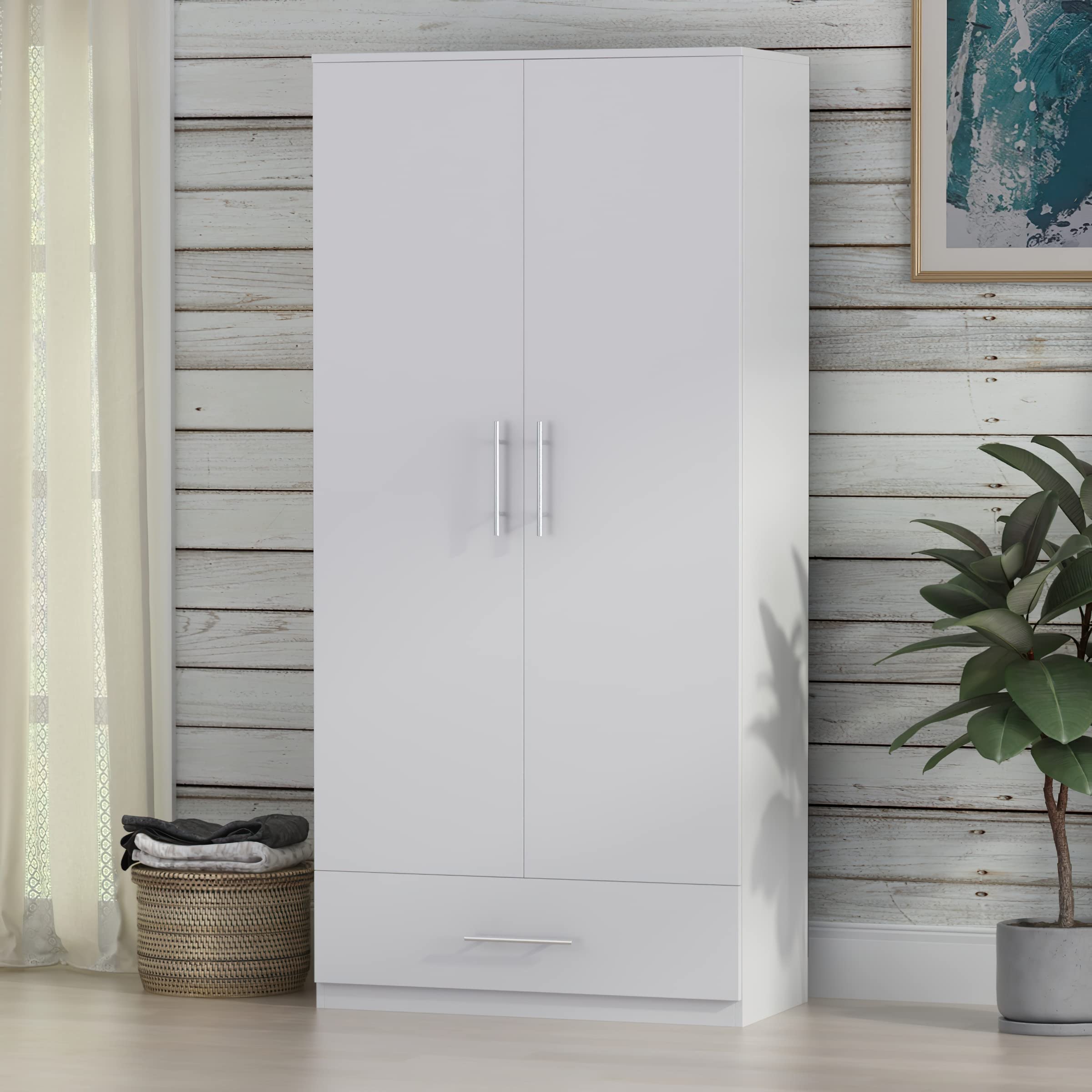 Hitow 2-Door Freestanding Wardrobe Closet with Drawer & Hanging Rod - White Bedroom Armoire Clothes Organizer (31.5