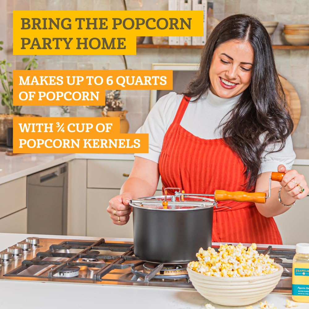 **Franklin's Gourmet Popcorn Kit - Stovepop Popcorn Maker with 13.5 oz Organic Popcorn Kernels, 8 oz Butter Flavored Salt & 14 oz Butter Flavored Coconut Oil - Perfect for Movie Nights, Parties & Family Snacking**