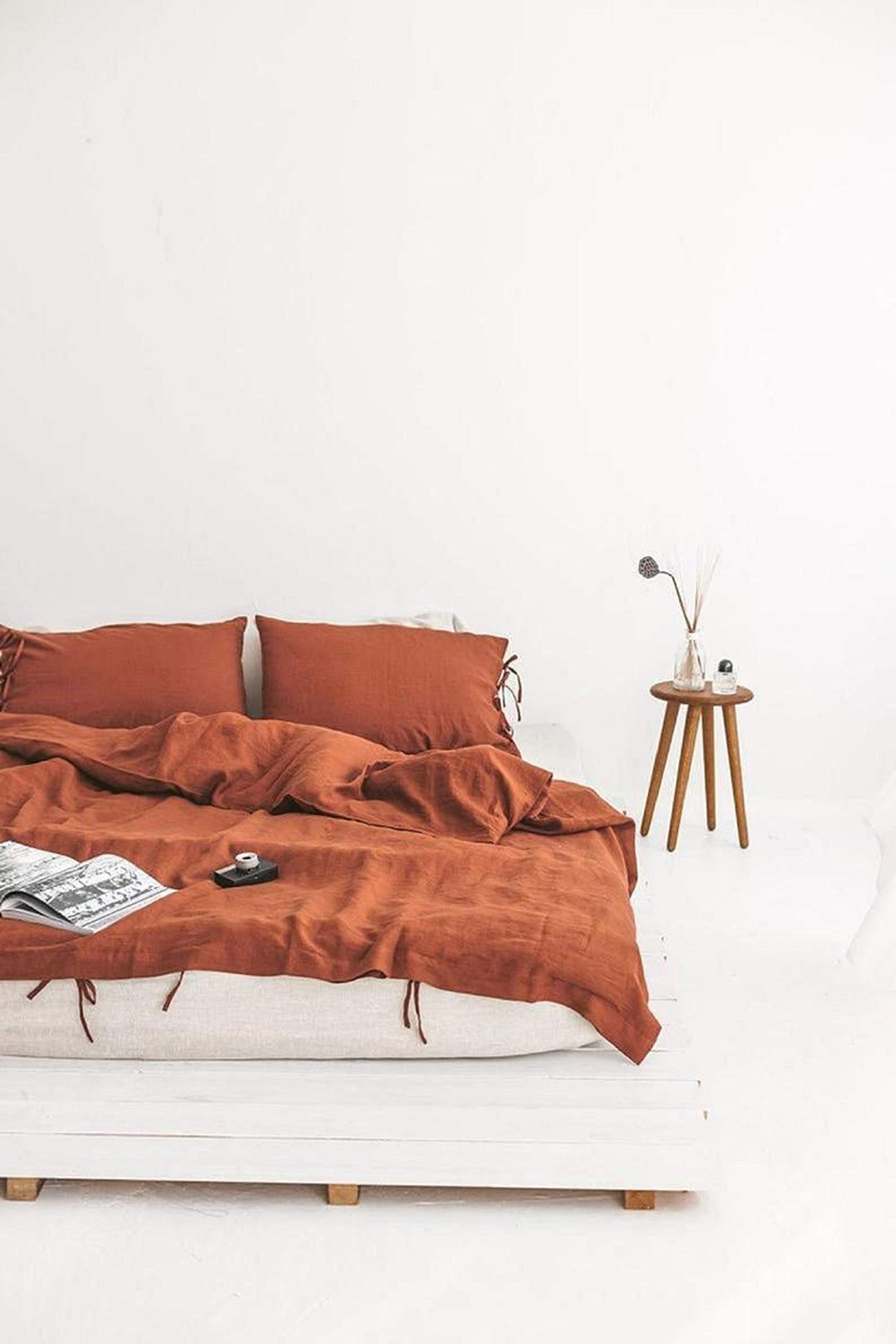Burnt Orange Cotton Washed Duvet Cover Set with Coconut Buttons - Reversible Bohemian Bedding | Stonewashed Twin Size for Cozy Bedroom Decor