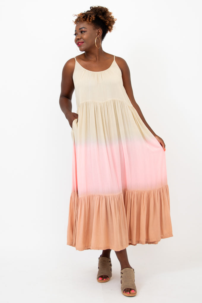 Boha Dress - Tan Dip Dye Maxi Dress for Women | Boho Chic Summer Beach Dress | Perfect for Vacations, Weddings & Outdoor Events