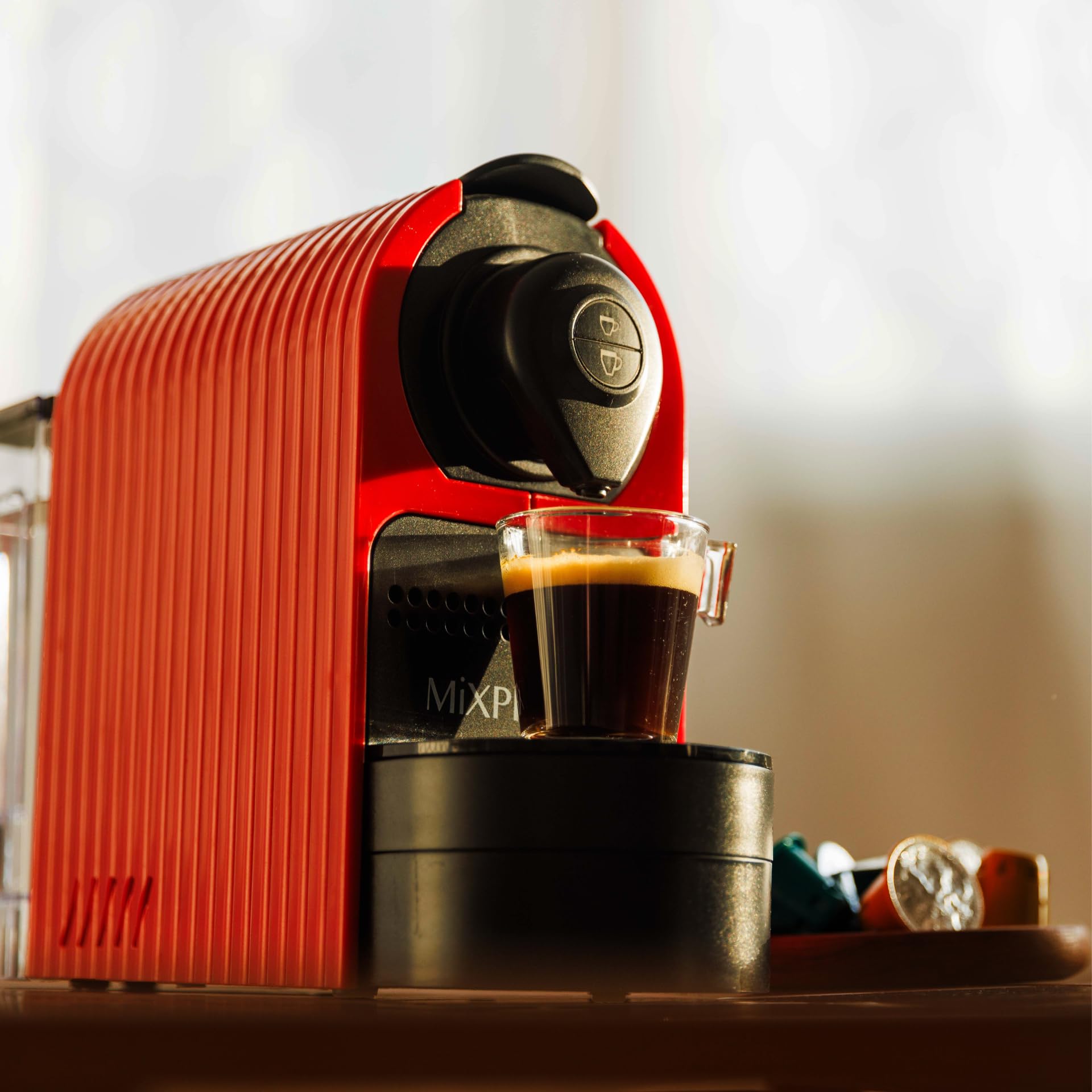 Mixpresso Espresso Machine for Nespresso Compatible Capsules - 19 Bar Italian Coffee Maker with Programmable Single Serve & High Pressure Pump (1400W, 27oz, Red) - Perfect for Home, Office, and Small Kitchen Use