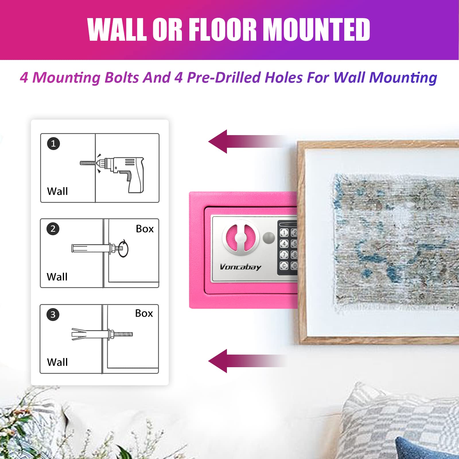 Voncabay Fireproof Money Safe Box with Digital Keypad & Sensor Light - Home Security Safe for Cash, Jewelry & Valuables - Portable Lock Box with Keys & Passcode - Ideal for Bedroom, Office & Travel (Pink)
