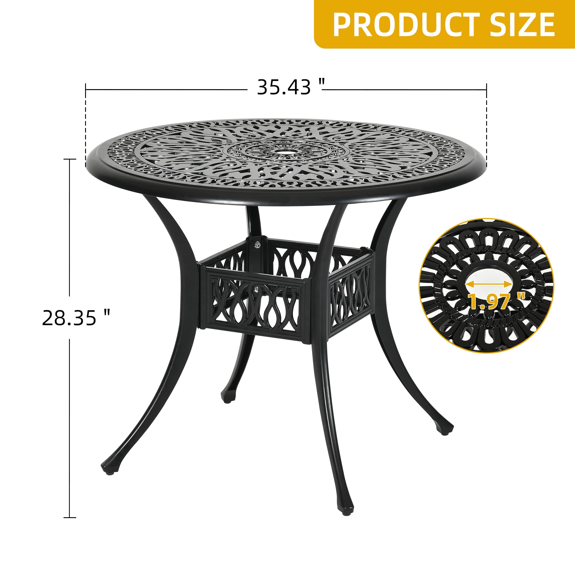 DWVO 35 Inch Outdoor Dining Table - Round Cast Aluminum Bistro Table with Umbrella Hole for Backyard, Garden, Patio, Porch - Weather-Resistant Black Metal Table for Outdoor Entertaining & Dining Al Fresco