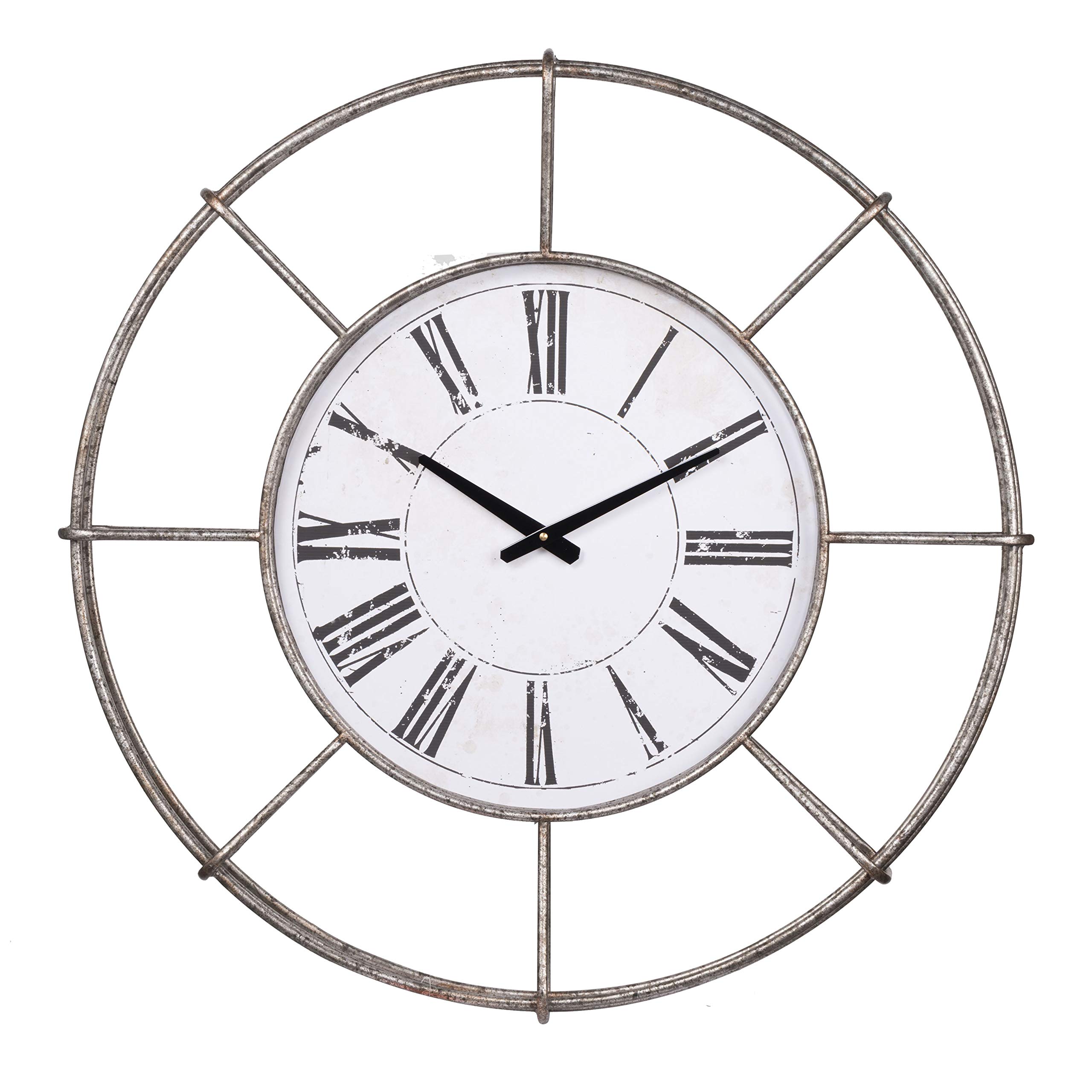 Benjara 12 Inch Metal Wall Clock with Roman Numerals - White & Silver Finish - Perfect for Living Room, Bedroom, or Office Decor