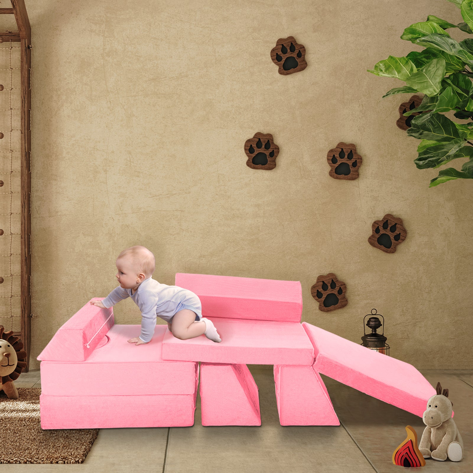 MAXYOYO 10-Piece Modular Convertible Kids Play Couch Sofa Set with Removable Soft Velvet Covers - Pink | Playroom Furniture for Toddlers & Children | Perfect for Playtime, Reading Nook & Sleepovers