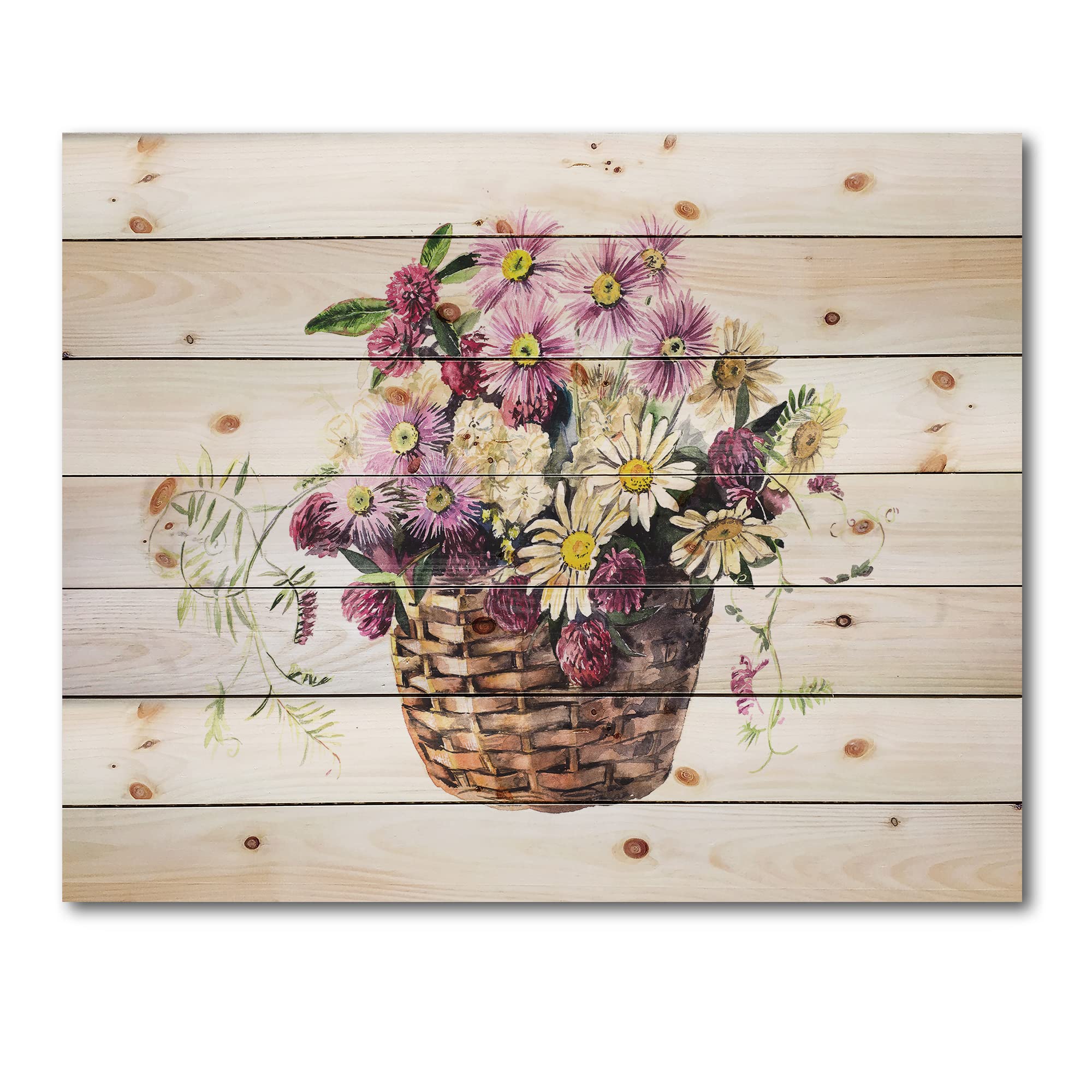 Traditional Wood Wall Decor - Pink Floral Bouquet in Basket, Large Meadow Flowers Wall Art Panel Printed on Natural Pine Wood | Perfect for Farmhouse, Rustic, Boho Home Decor & Living Room, Bedroom, Office Wall Decoration