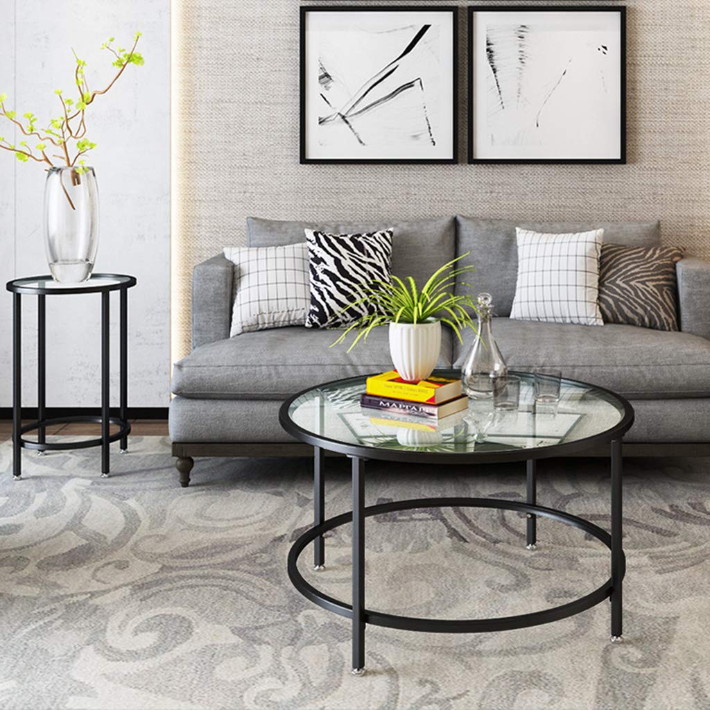 Modern Round Glass Coffee Table with Wrought Iron Frame - Living Room Center Table, Sofa Side Table - Easy Assembly (31.5