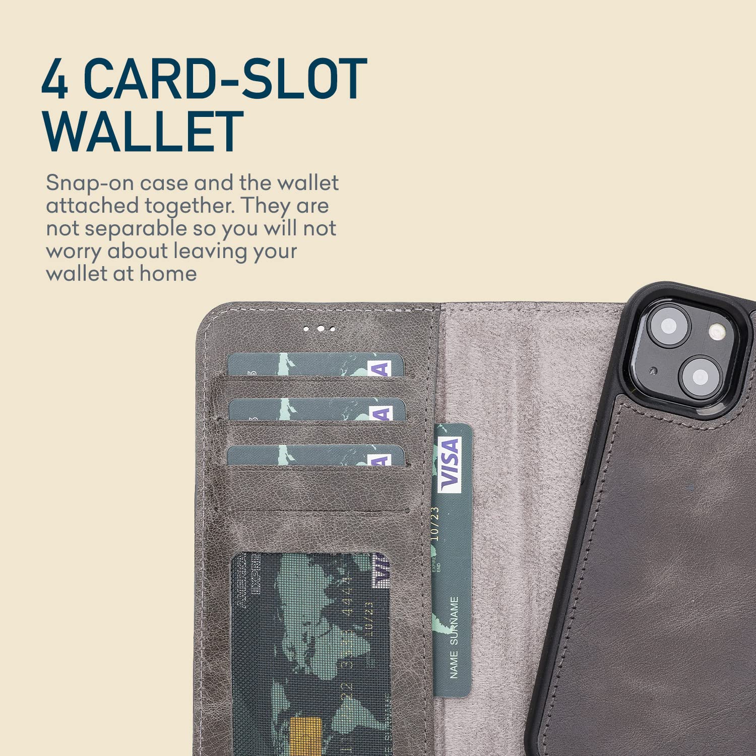 Bayelon Genuine Leather iPhone 13 Case with Detachable Magnetic Wallet - 2-in-1 Flip Cover with Card Slots & Kickstand | Compatible with MagSafe (Smoked Black) | Perfect for Business Travel & Everyday Use