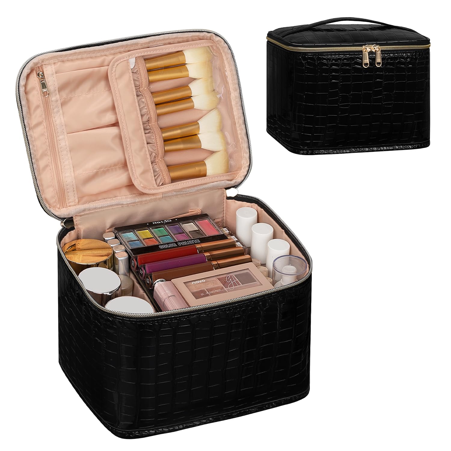 OCHEAL Large Travel Makeup Bag for Women - Waterproof Cosmetic Organizer with Dividers & Handle, Perfect for Toiletries, Brushes & Beauty Tools (Black) - Ideal for Vacation, Gym & Daily Use