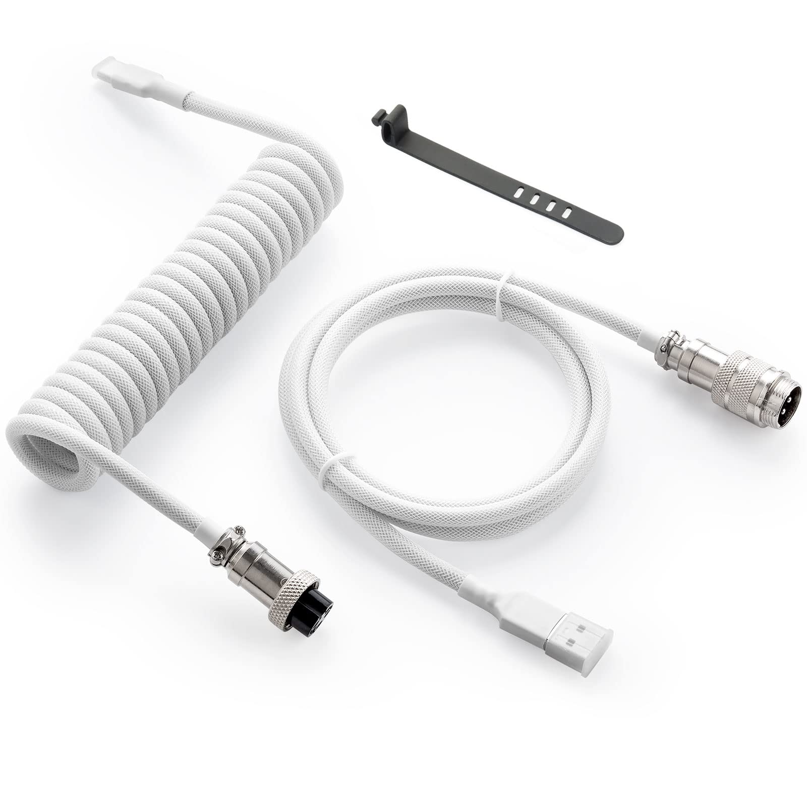 Premium Custom Coiled USB C Cable for Gaming Keyboards - Double-Sleeved Mechanical Keyboard Cable with Detachable Metal Aviator Connector (1.5M USB-C to USB-A, White) - Perfect for Esports, Streaming & Professional Gaming Setups