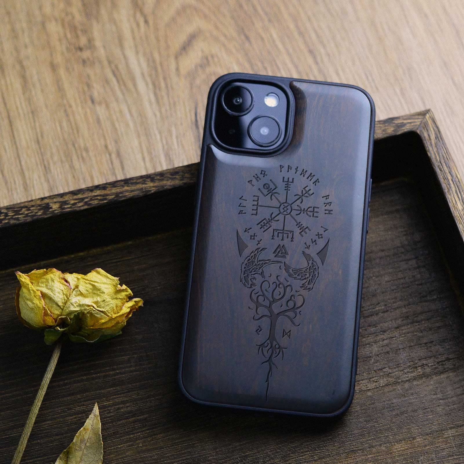 Carveit Magnetic Wood Case for iPhone 13 Mini - Natural Wood & Black TPU Shockproof Protective Cover with MagSafe Compatibility (Viking Compass Vegvisir Blackwood) - Perfect for Outdoor Adventures & Daily Protection