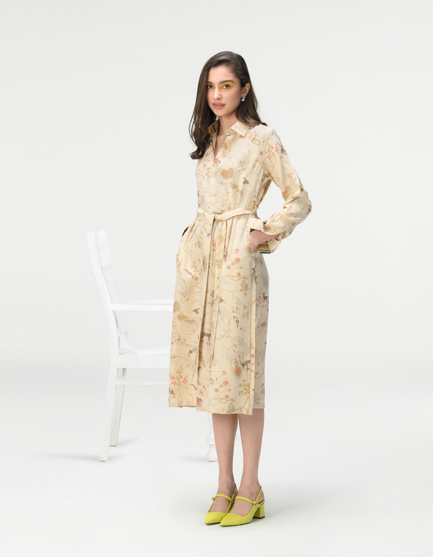 Elegant Tie Belt Shirt Dress in Muga Satin Ivory - Perfect for Office Wear, Casual Outings & Special Occasions