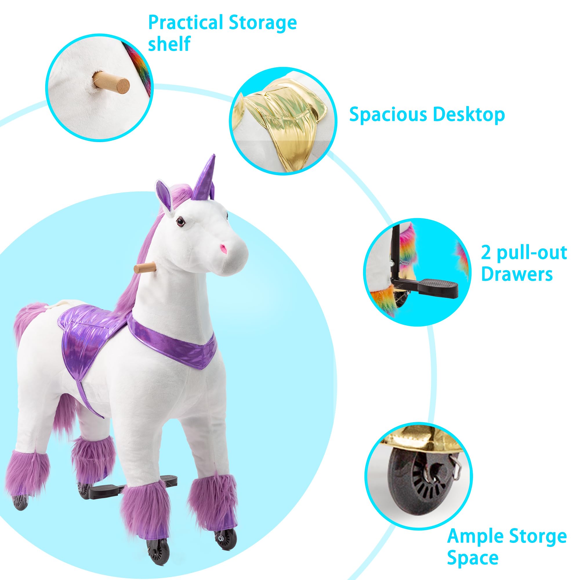 Unicorn Ride-On Toy for Girls & Adults - Mechanical Walking Plush Animal with 187 LBS Weight Capacity | No Battery Needed | Perfect for Birthday Gifts, Playtime & Fantasy Adventures