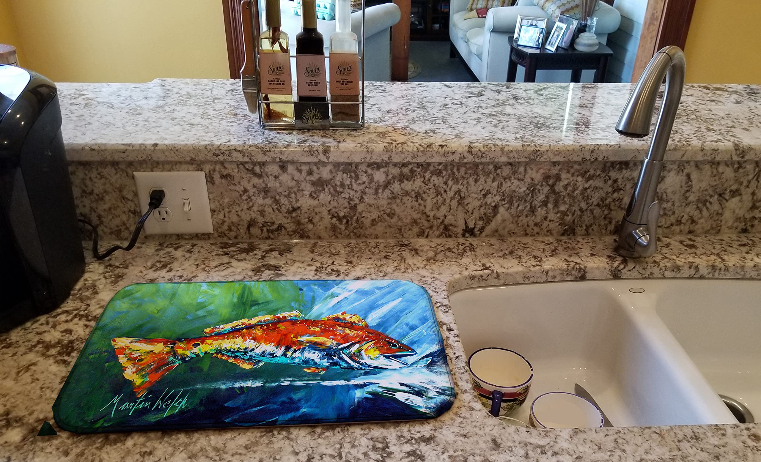 Red Fish Dish Drying Mat - Absorbent Kitchen Counter Pad for Dishes 14x21